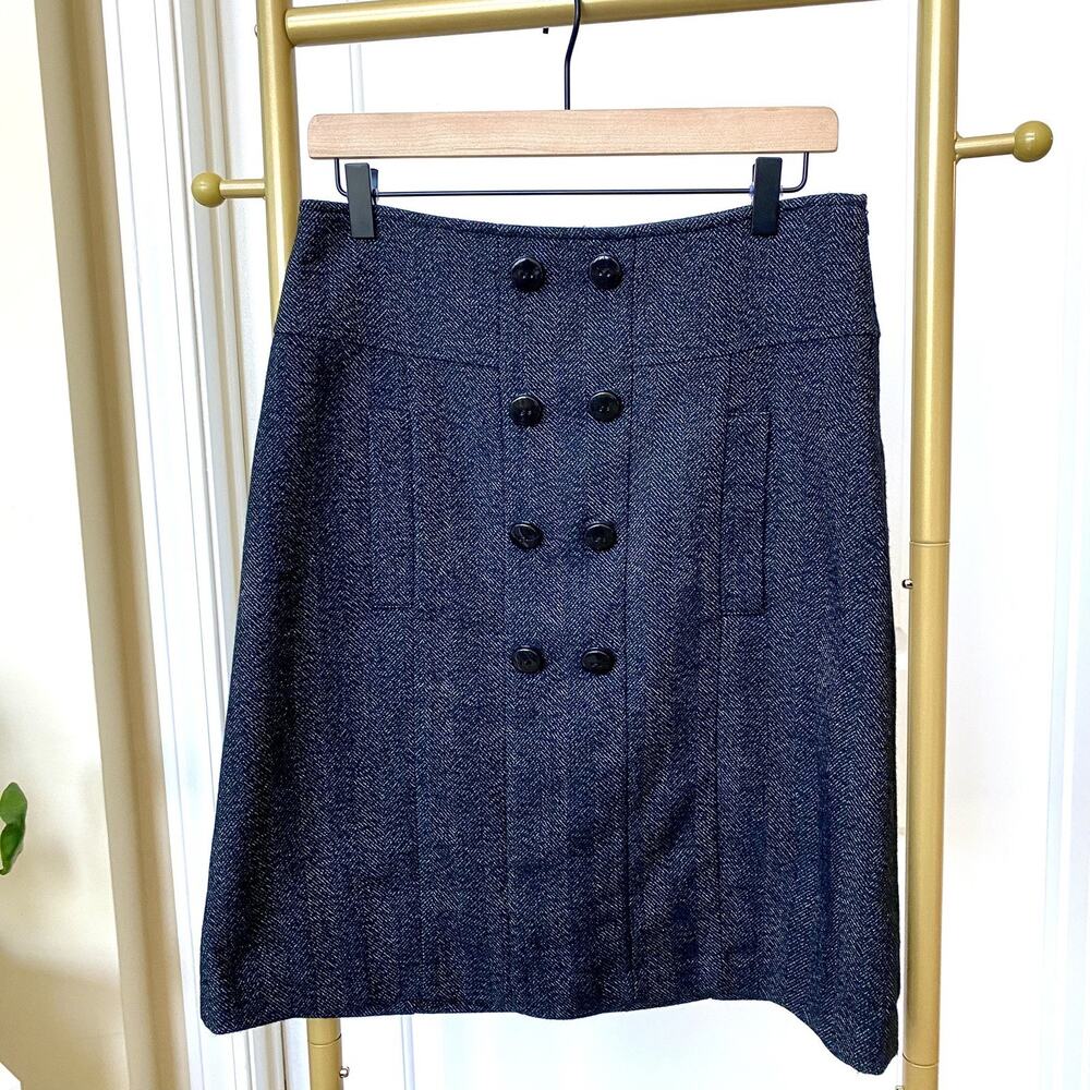 Zara Herringbone Wool Blend Button Front Pocket Pencil Skirt Charcoal Black M